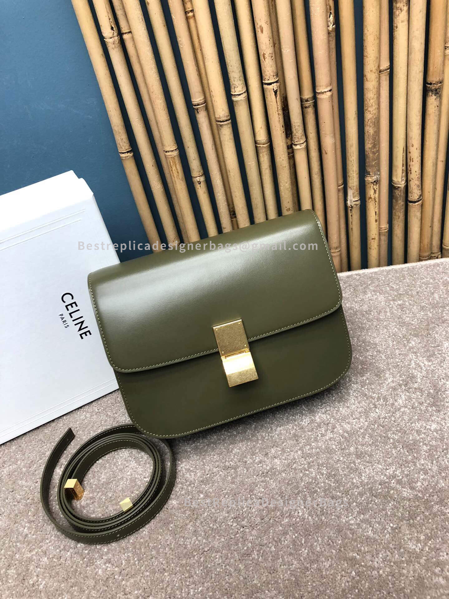 Celine Medium Classic Box Bag Army Green Calfskin